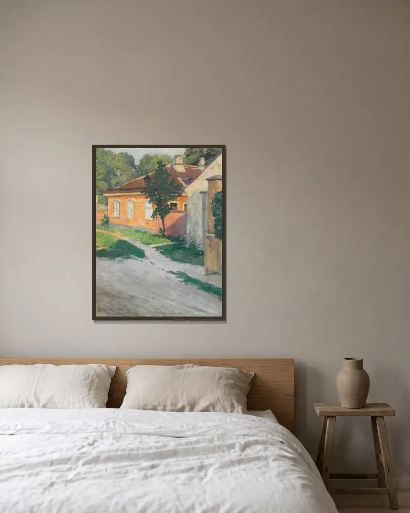 Hus i Hütteldorf av Egon Schiele inramad på en vägg