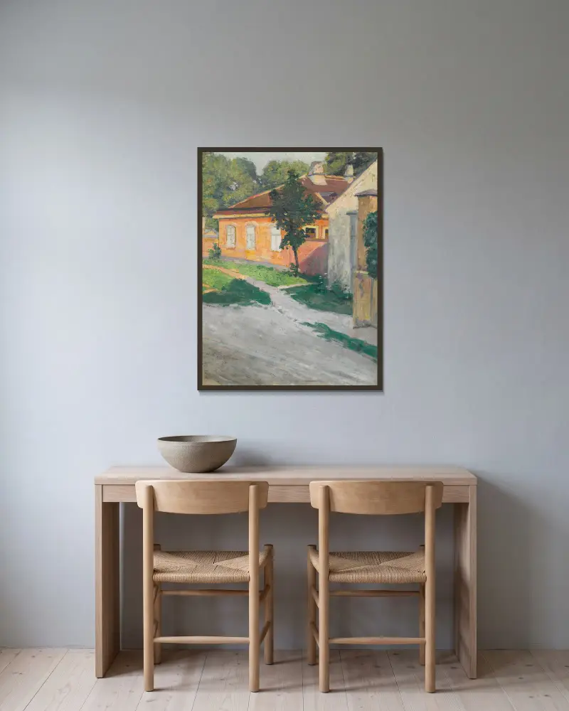 Hus i Hütteldorf av Egon Schiele inramad på en vägg