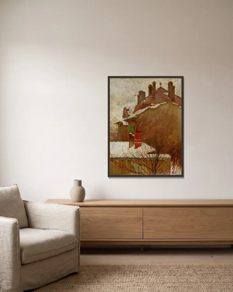 Häuser im Winter (Blick aus dem Atelier) von Egon Schiele gerahmt an einer Wand