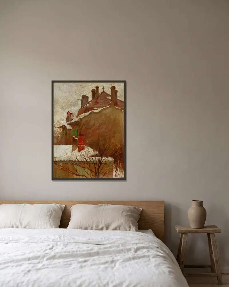 Häuser im Winter (Blick aus dem Atelier) von Egon Schiele gerahmt an einer Wand