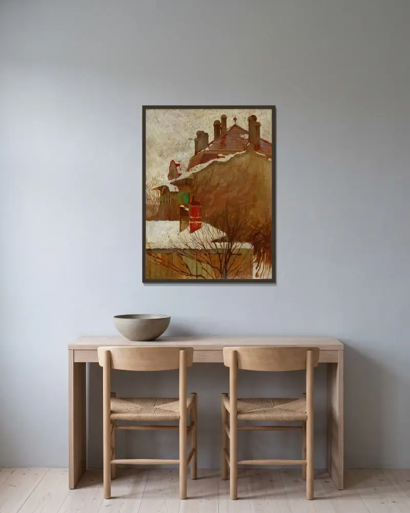Häuser im Winter (Blick aus dem Atelier) von Egon Schiele gerahmt an einer Wand