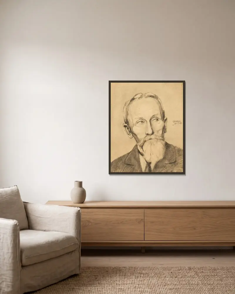 Herrenporträt mit Vollbart von Egon Schiele gerahmt an einer Wand