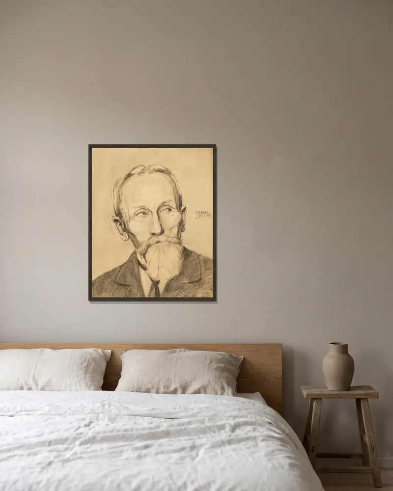 Herrenporträt mit Vollbart von Egon Schiele gerahmt an einer Wand