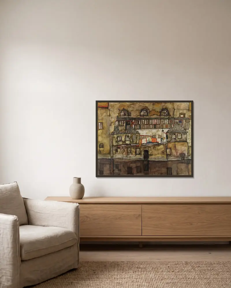 House Wall on the River av Egon Schiele inramad på en vägg