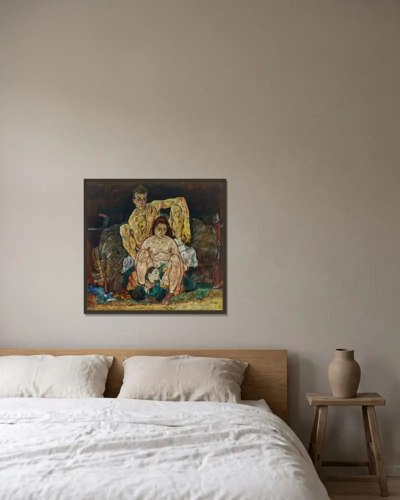 Kauerndes Menschenpaar (Die Familie) av Egon Schiele inramad på en vägg