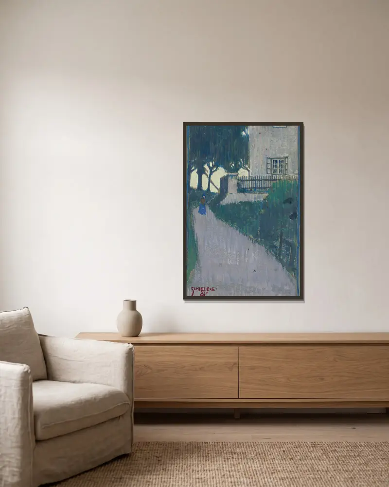 Landskap med hus, träd och kvinnlig figur av Egon Schiele inramad på en vägg