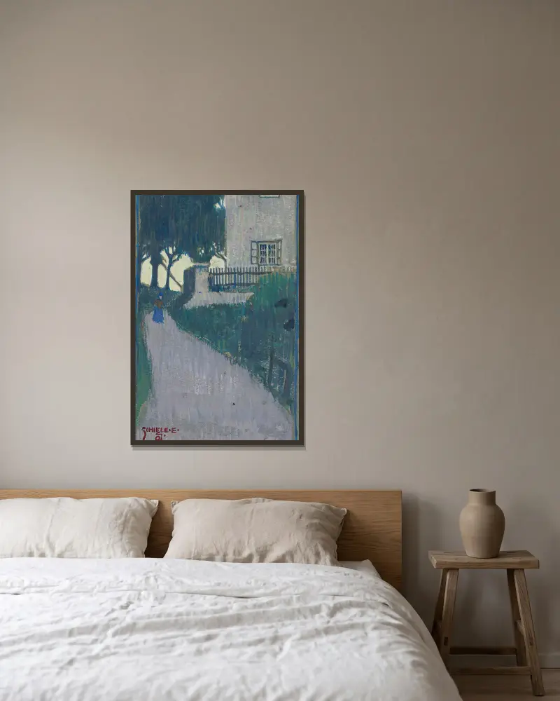 Landskap med hus, träd och kvinnlig figur av Egon Schiele inramad på en vägg