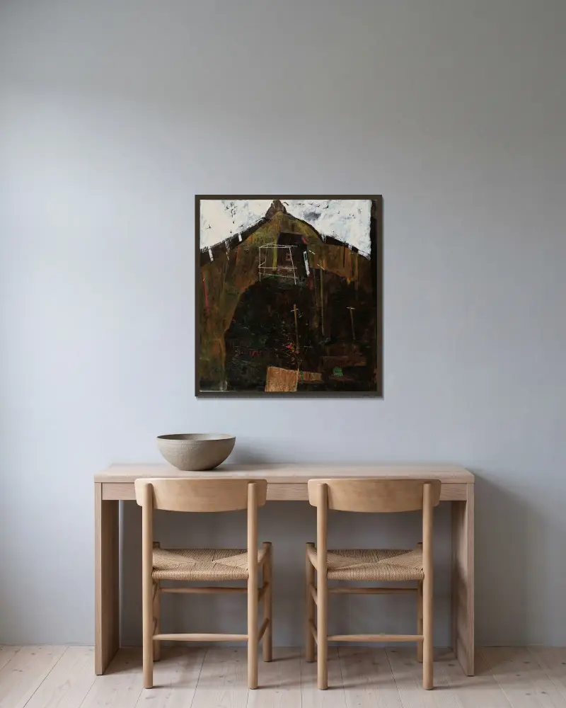 Landschaft mit Krähe von Egon Schiele gerahmt an einer Wand