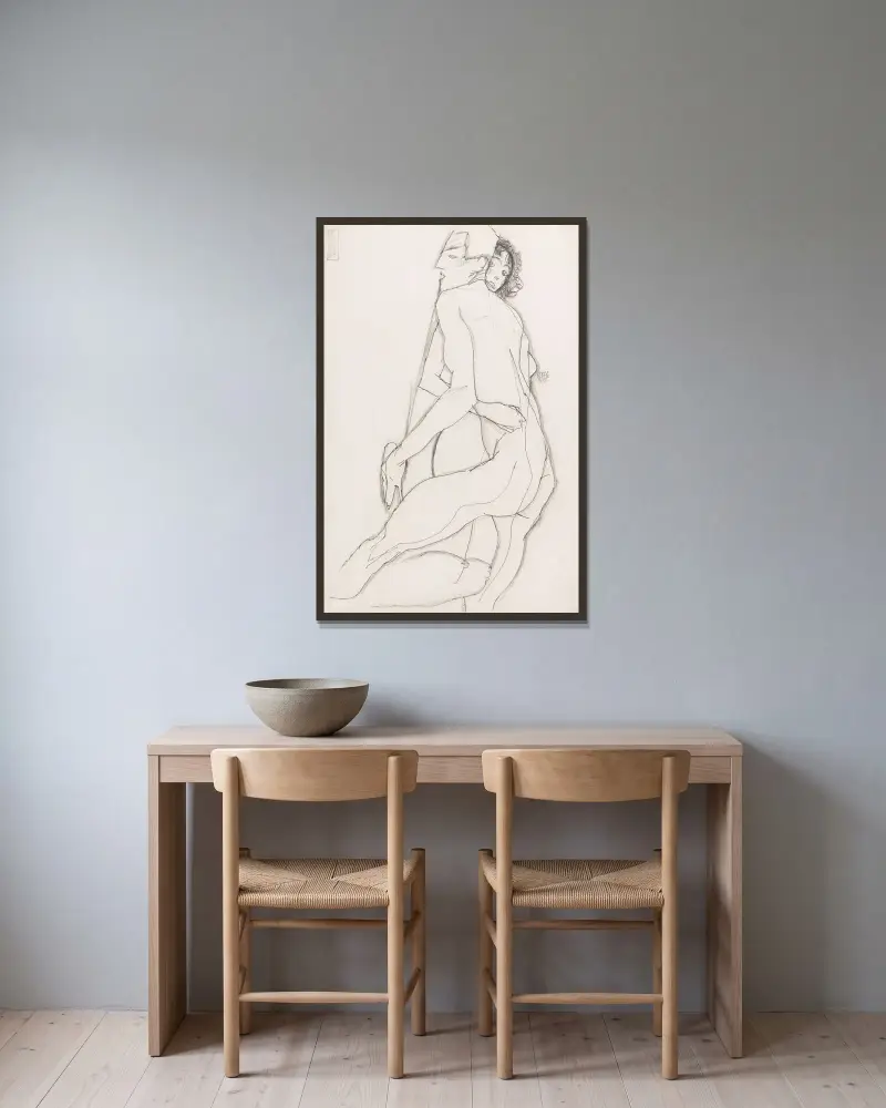 Liebespaar von Egon Schiele gerahmt an einer Wand