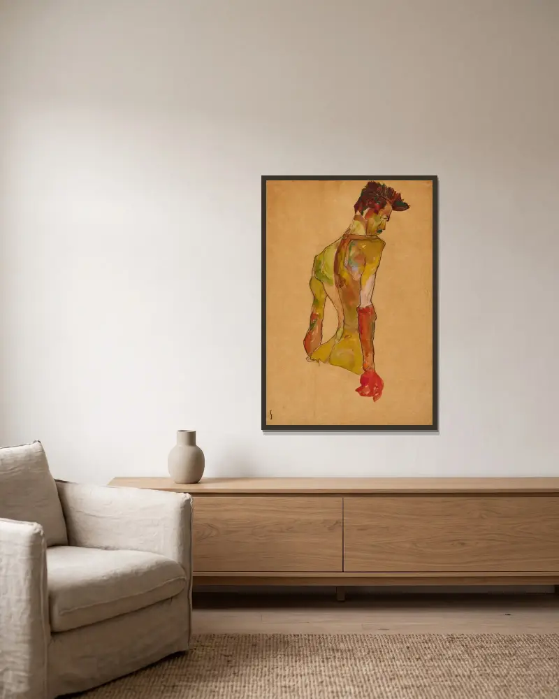 Manlig nakenfigur i profil, vänd åt höger av Egon Schiele inramad på en vägg