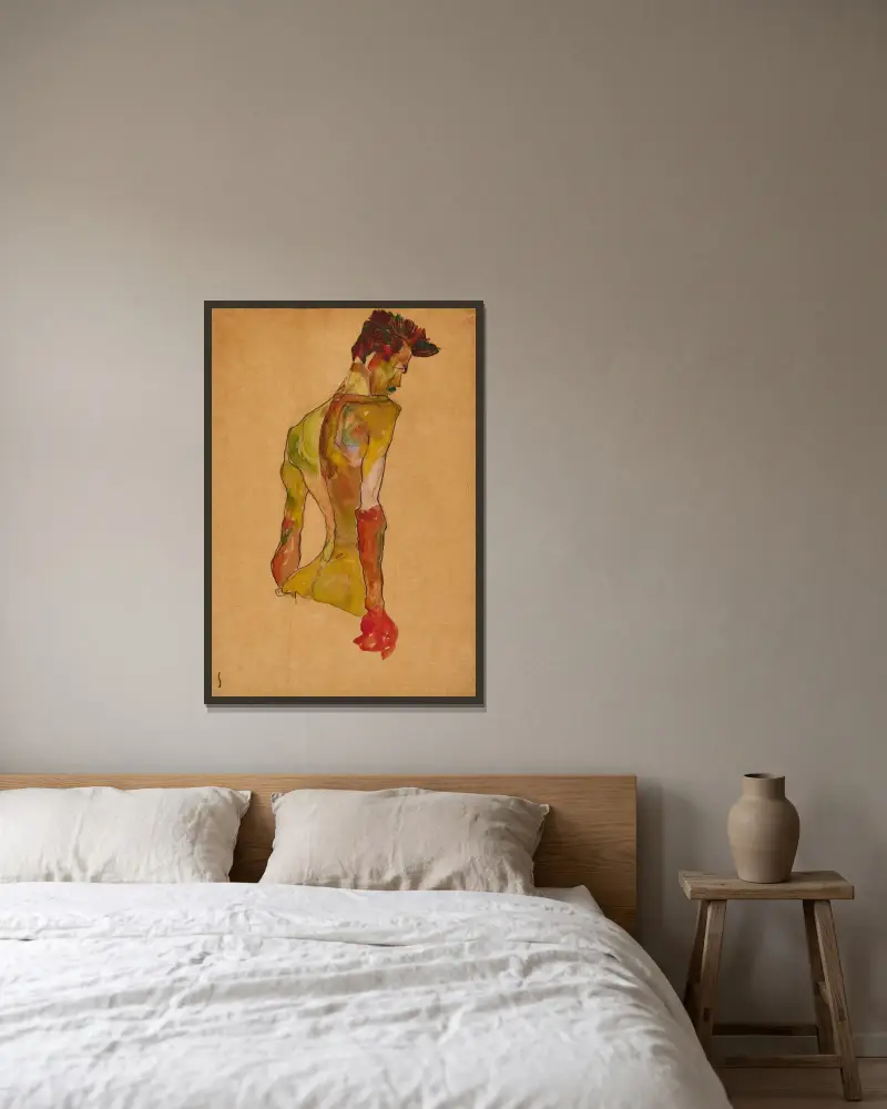 Manlig nakenfigur i profil, vänd åt höger av Egon Schiele inramad på en vägg