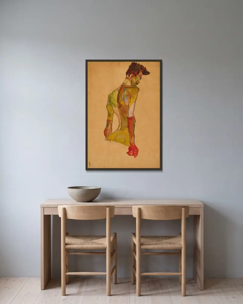 Manlig nakenfigur i profil, vänd åt höger av Egon Schiele inramad på en vägg