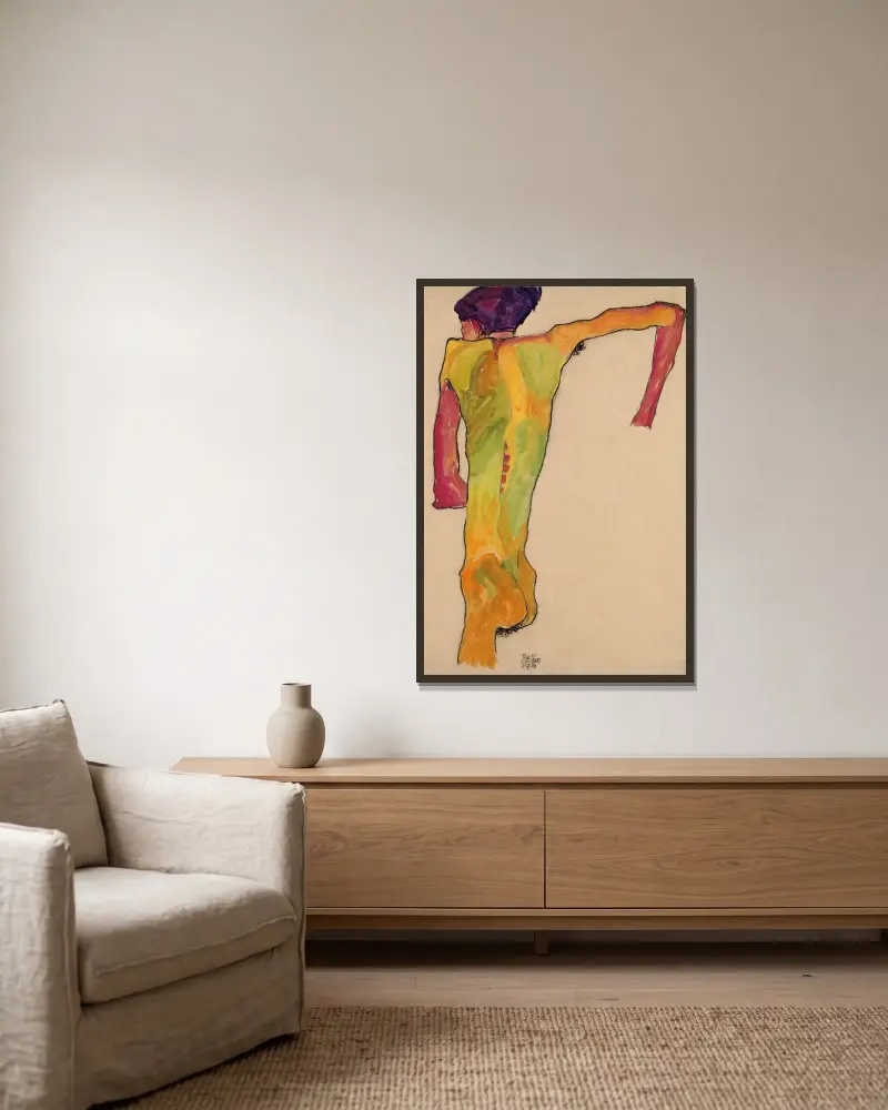 Male Nude, Propping Himself Up av Egon Schiele inramad på en vägg