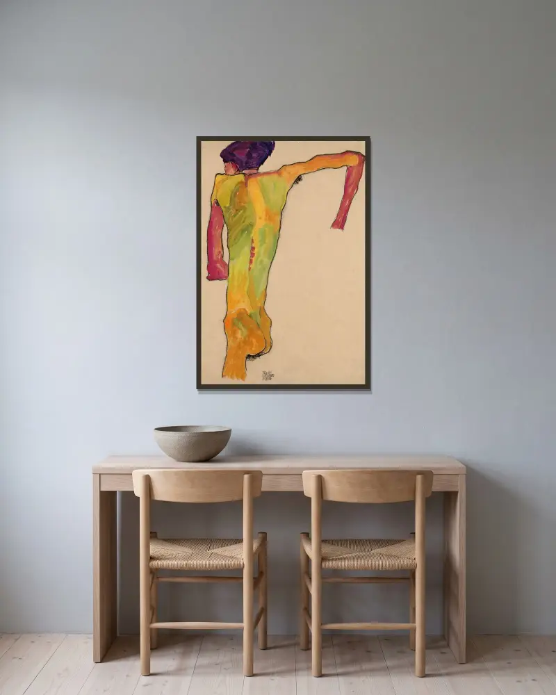Male Nude, Propping Himself Up av Egon Schiele inramad på en vägg