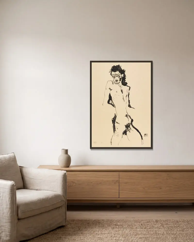 Männlicher Akt (Selbstbildnis), 1912 – Nr. 3 von Egon Schiele gerahmt an einer Wand