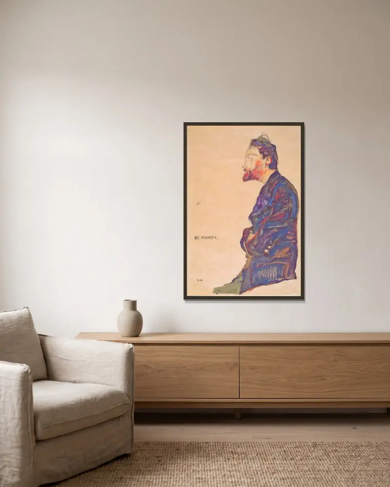 Max Kahrer im Profil av Egon Schiele inramad på en vägg