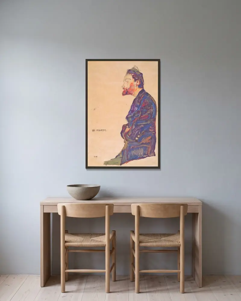 Max Kahrer im Profil av Egon Schiele inramad på en vägg