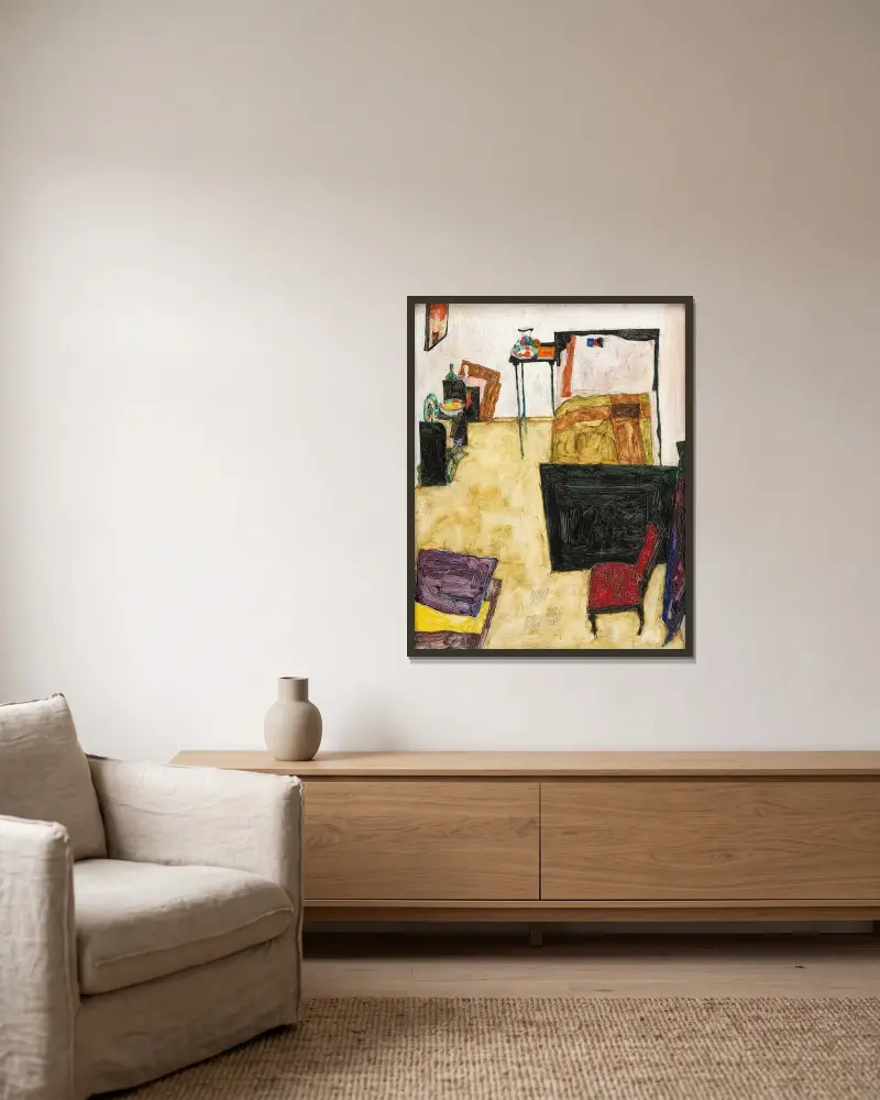 Mein Wohnzimmer (Das Zimmer des Künstlers in Neulengbach) av Egon Schiele inramad på en vägg
