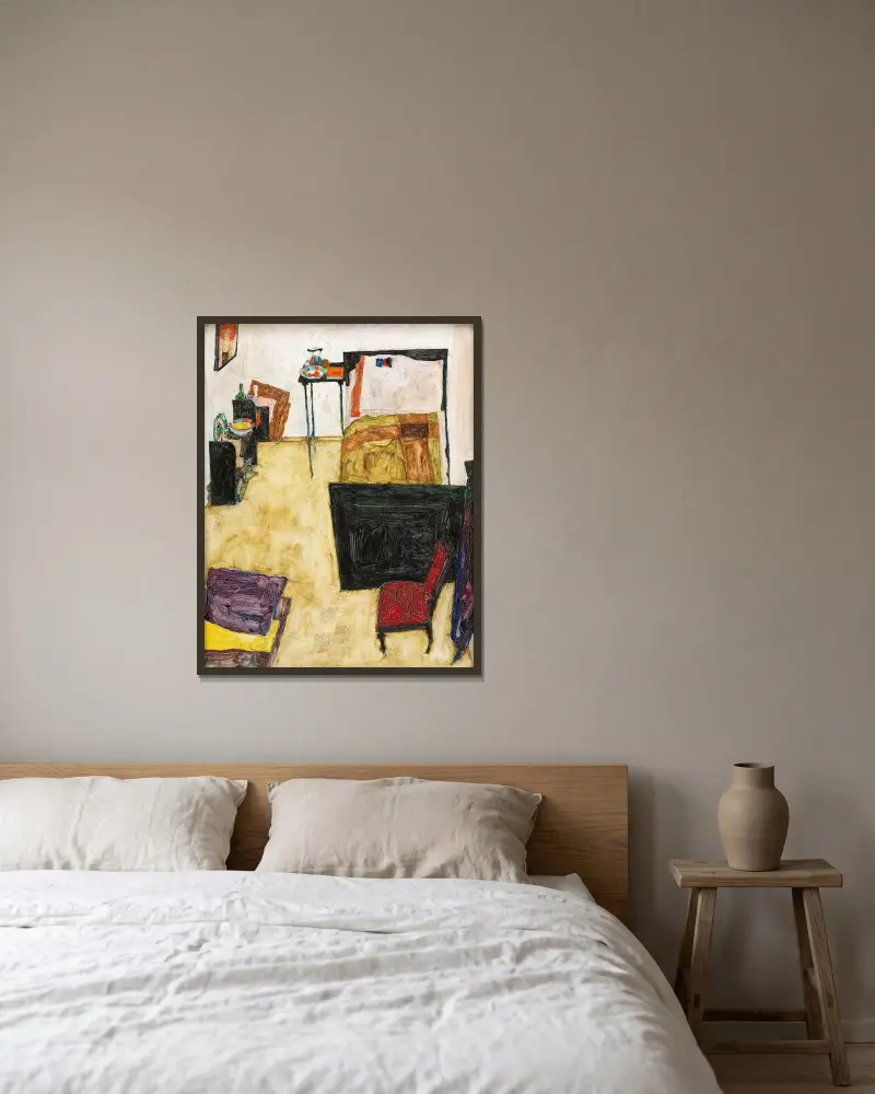 Mein Wohnzimmer (Das Zimmer des Künstlers in Neulengbach) av Egon Schiele inramad på en vägg