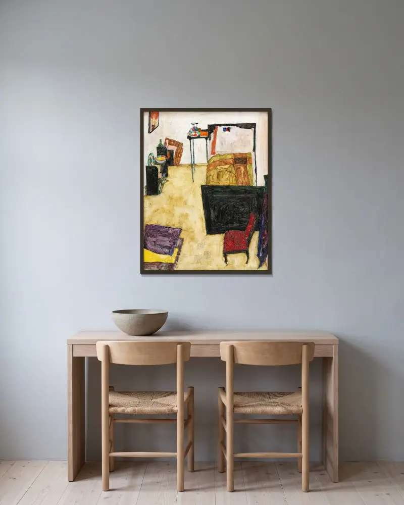 Mein Wohnzimmer (Das Zimmer des Künstlers in Neulengbach) av Egon Schiele inramad på en vägg