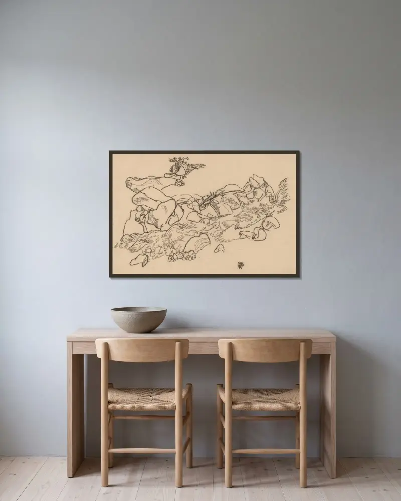 Mountain Stream av Egon Schiele inramad på en vägg