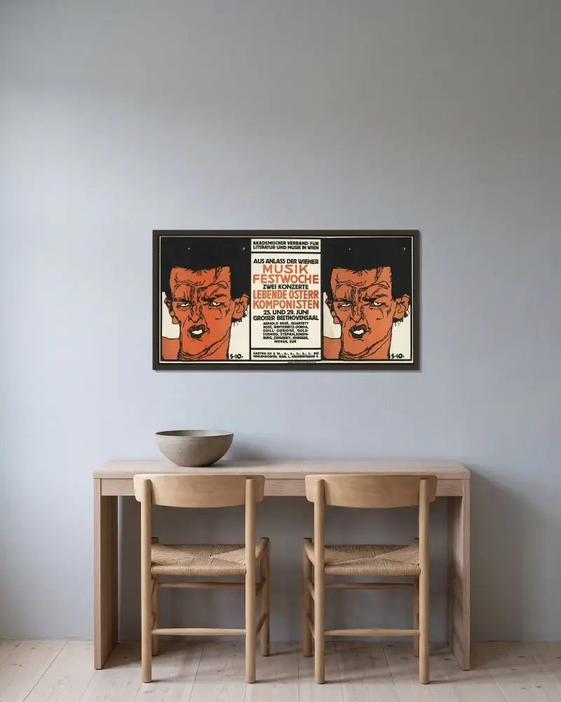 Musikfestwoche. Zwei Konzerte; Lebende Österreichische Komponisten av Egon Schiele inramad på en vägg