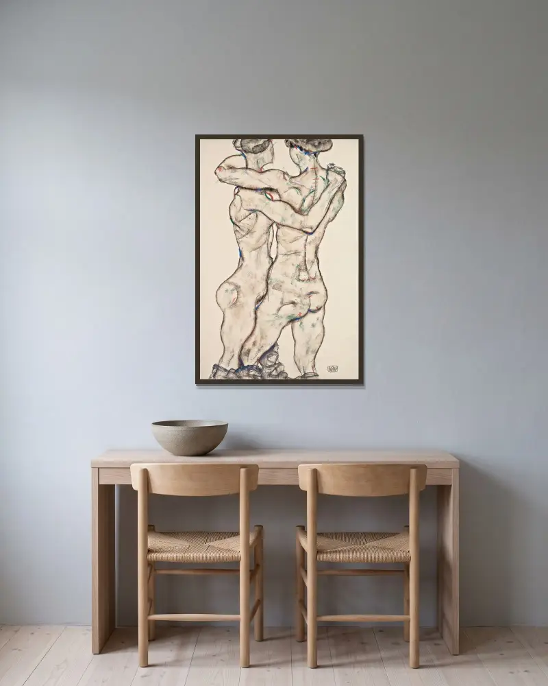 Naked Girls Embracing av Egon Schiele inramad på en vägg