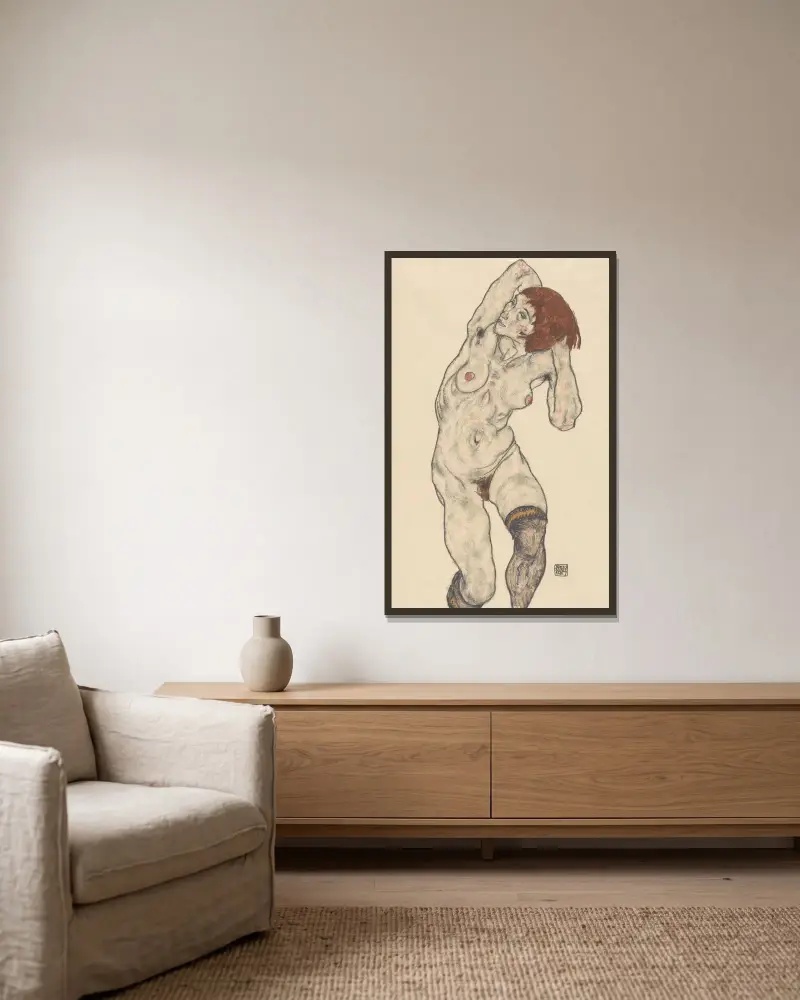 Nude in Black Stockings av Egon Schiele inramad på en vägg