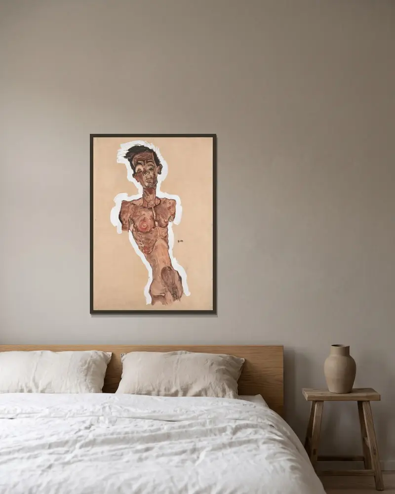 Nude Self-Portrait av Egon Schiele inramad på en vägg