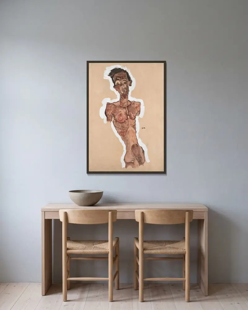 Nude Self-Portrait av Egon Schiele inramad på en vägg