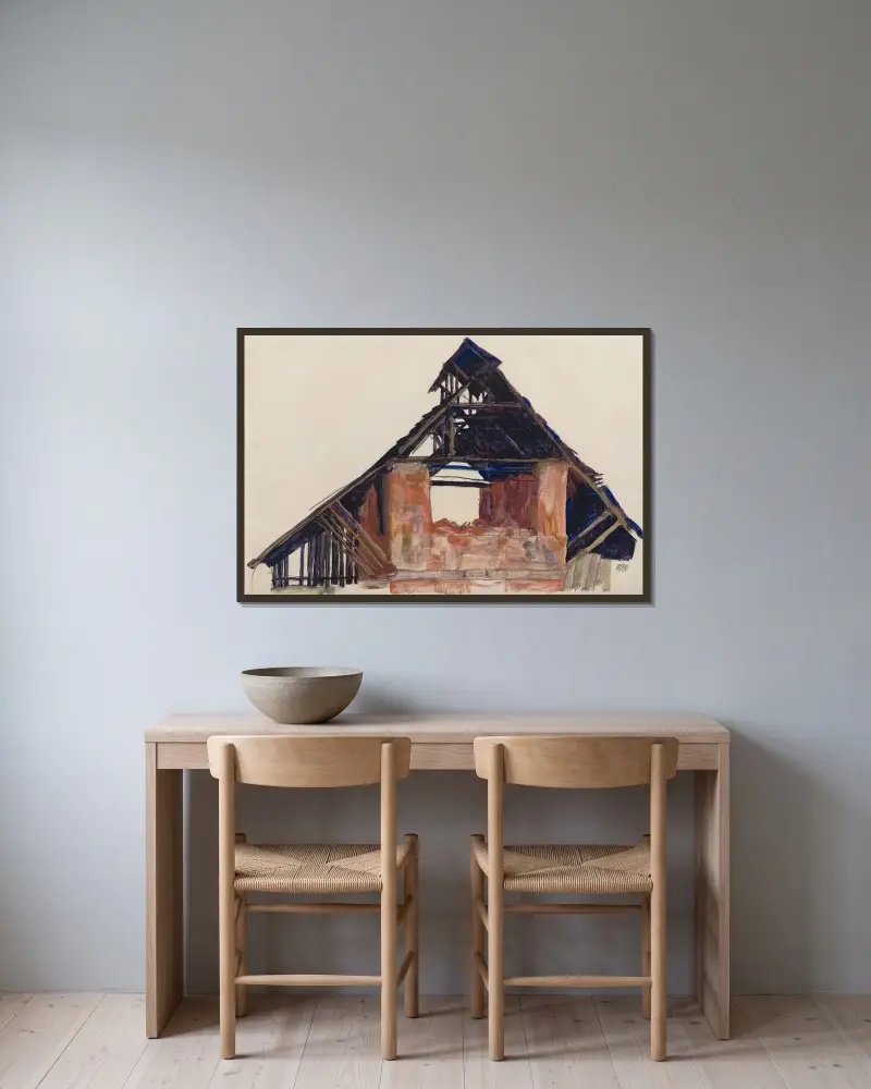 Old Gable av Egon Schiele inramad på en vägg