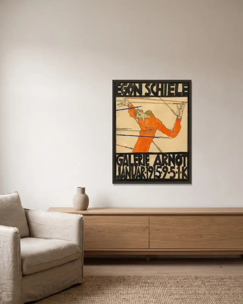 Affisch för Schiele-utställningen i Galerie Arnot av Egon Schiele inramad på en vägg