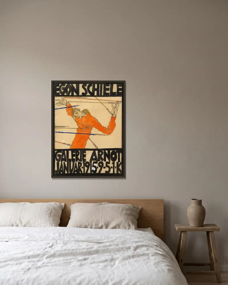 Affisch för Schiele-utställningen i Galerie Arnot av Egon Schiele inramad på en vägg