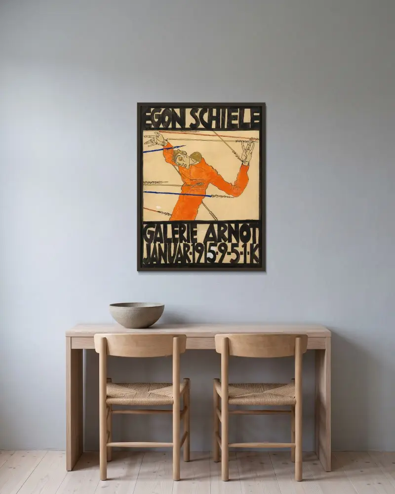Affisch för Schiele-utställningen i Galerie Arnot av Egon Schiele inramad på en vägg