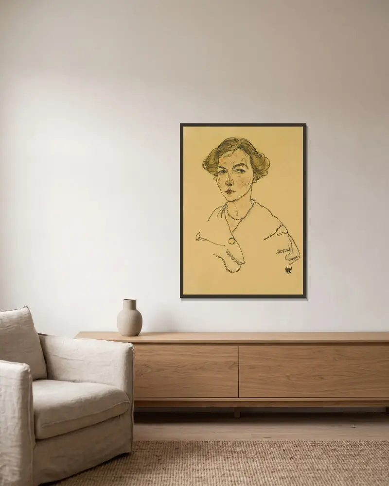 Porträtt av en kvinna (Lilly Steiner) av Egon Schiele inramad på en vägg