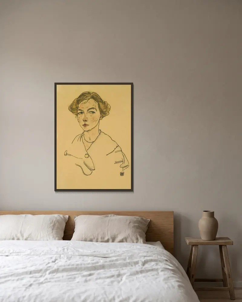 Porträtt av en kvinna (Lilly Steiner) av Egon Schiele inramad på en vägg