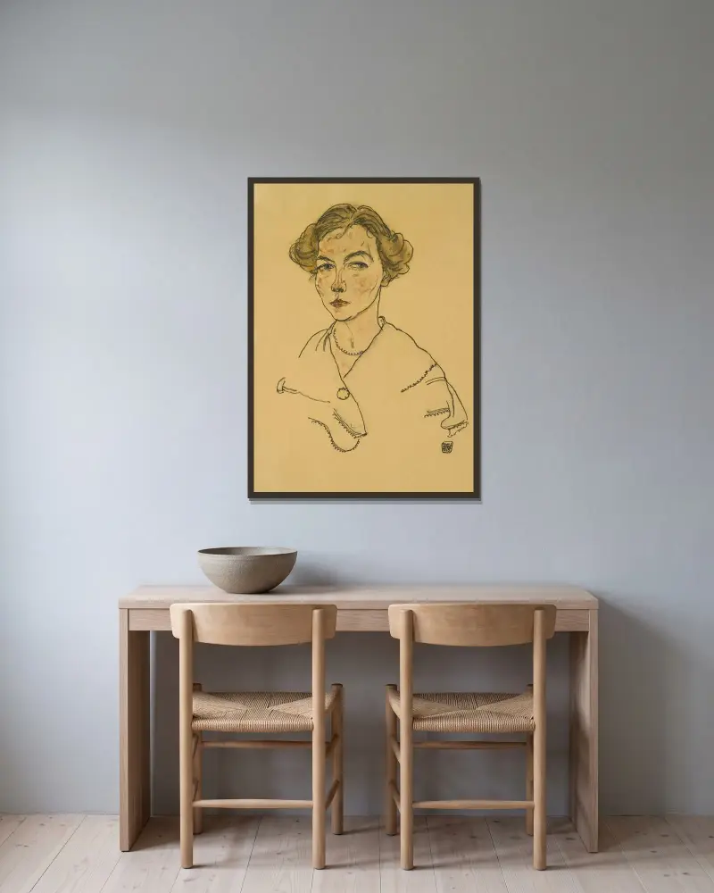 Porträtt av en kvinna (Lilly Steiner) av Egon Schiele inramad på en vägg
