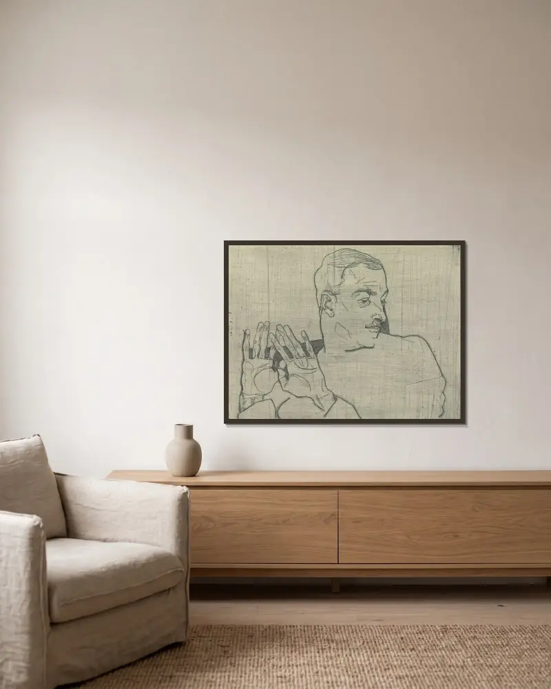 Portrait of Arthur Roessler av Egon Schiele inramad på en vägg