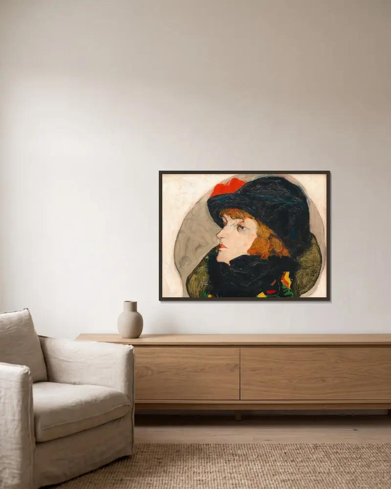 Porträt Ida Roessler von Egon Schiele gerahmt an einer Wand