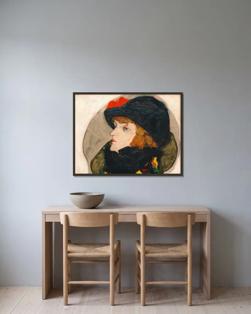 Porträt Ida Roessler von Egon Schiele gerahmt an einer Wand