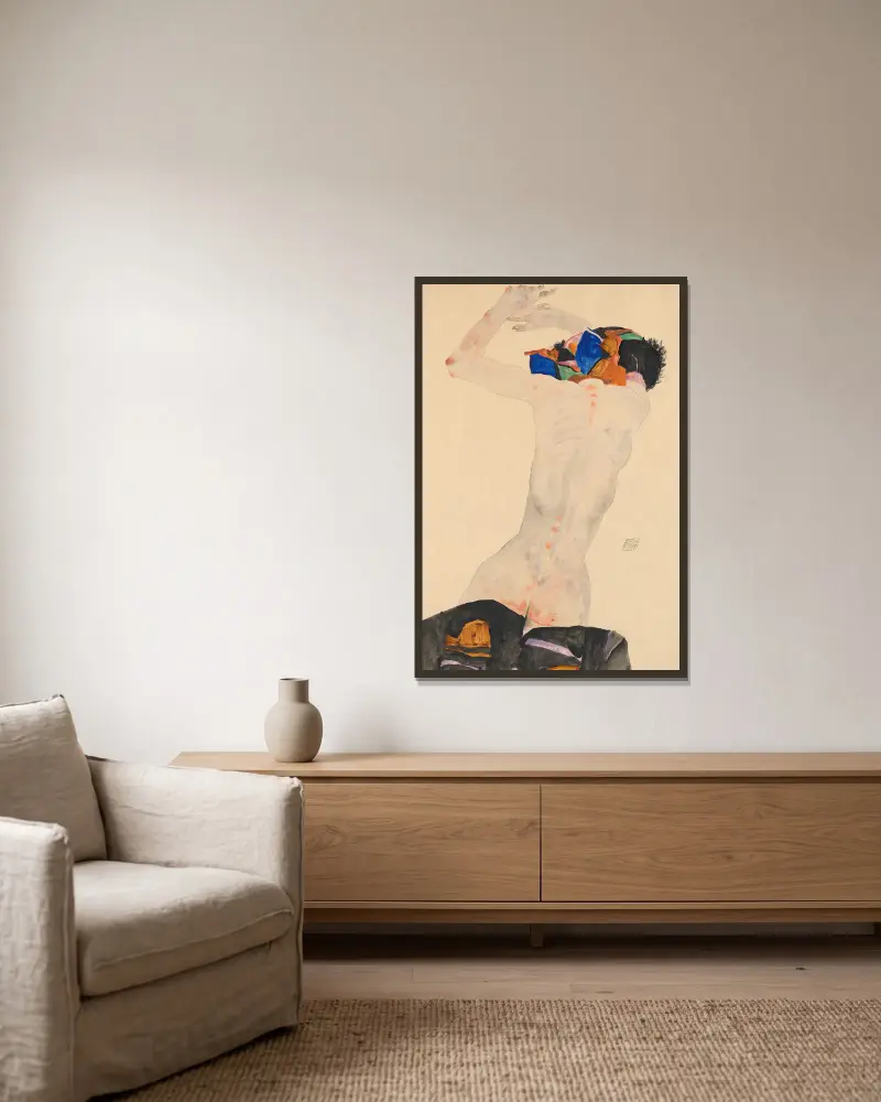 Ryggakt med färgglatt tyg av Egon Schiele inramad på en vägg
