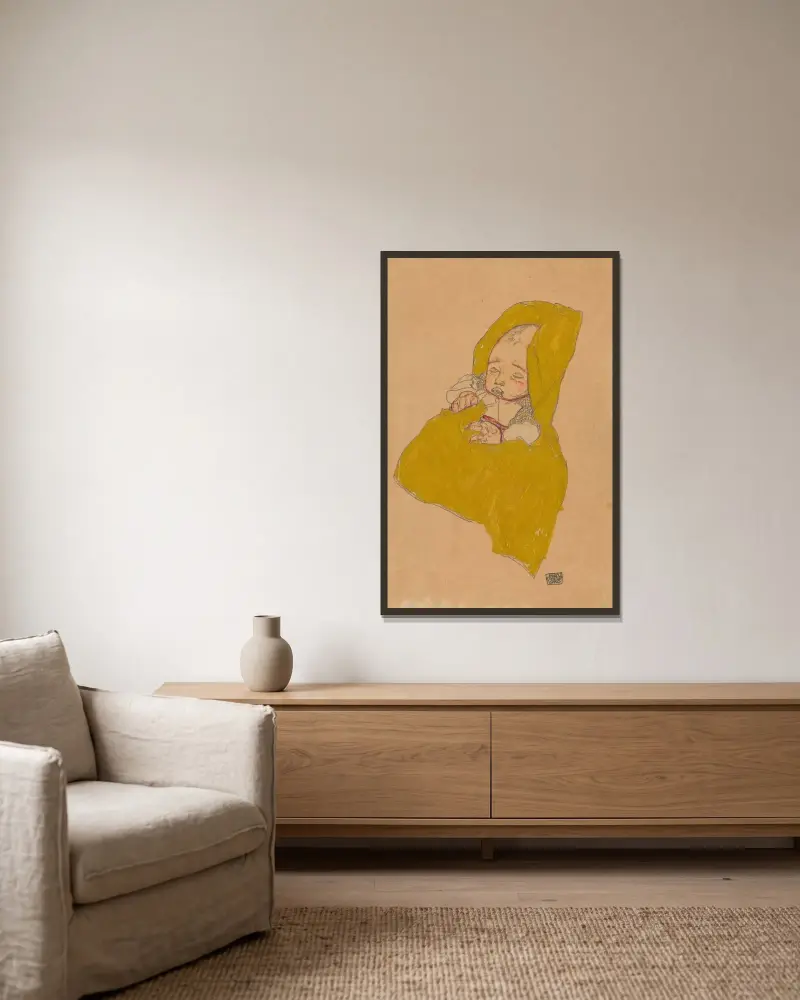 Säugling im Wickelpolster von Egon Schiele gerahmt an einer Wand