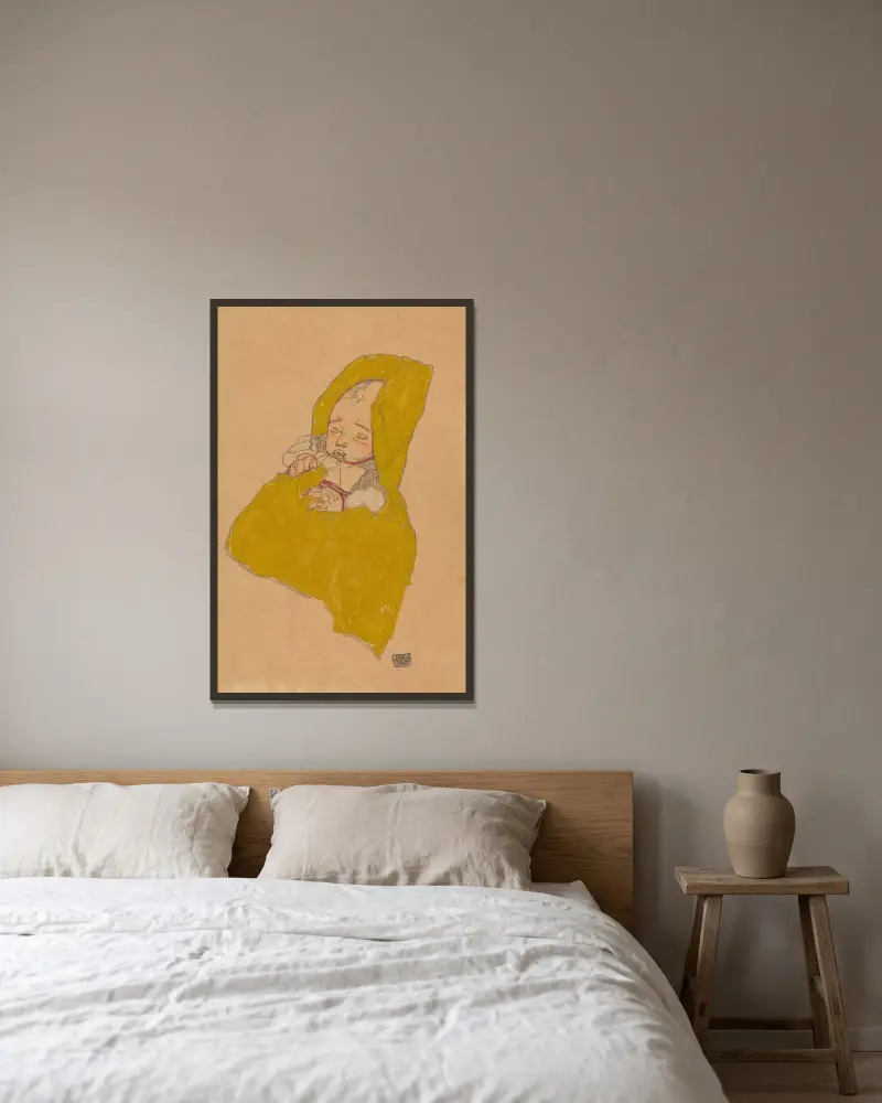 Säugling im Wickelpolster von Egon Schiele gerahmt an einer Wand