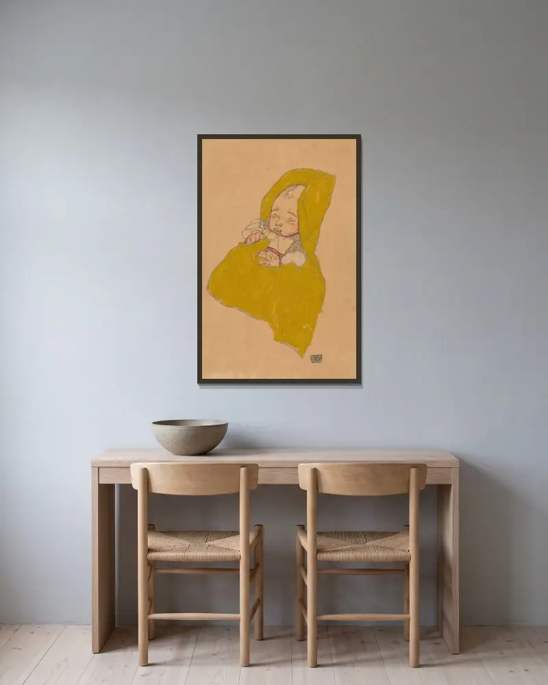 Säugling im Wickelpolster von Egon Schiele gerahmt an einer Wand
