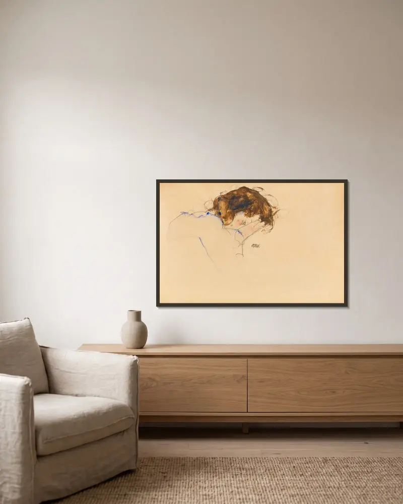 Schlafende av Egon Schiele inramad på en vägg