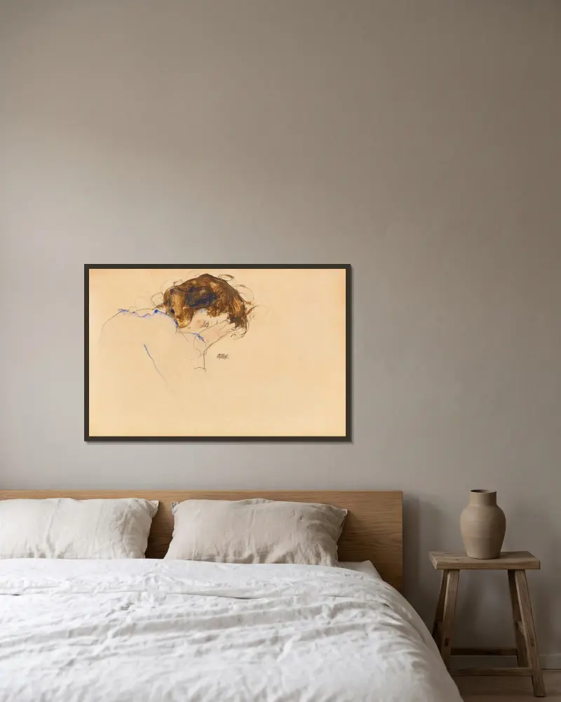 Schlafende av Egon Schiele inramad på en vägg