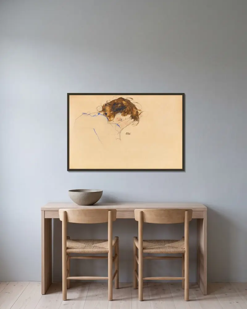 Schlafende av Egon Schiele inramad på en vägg