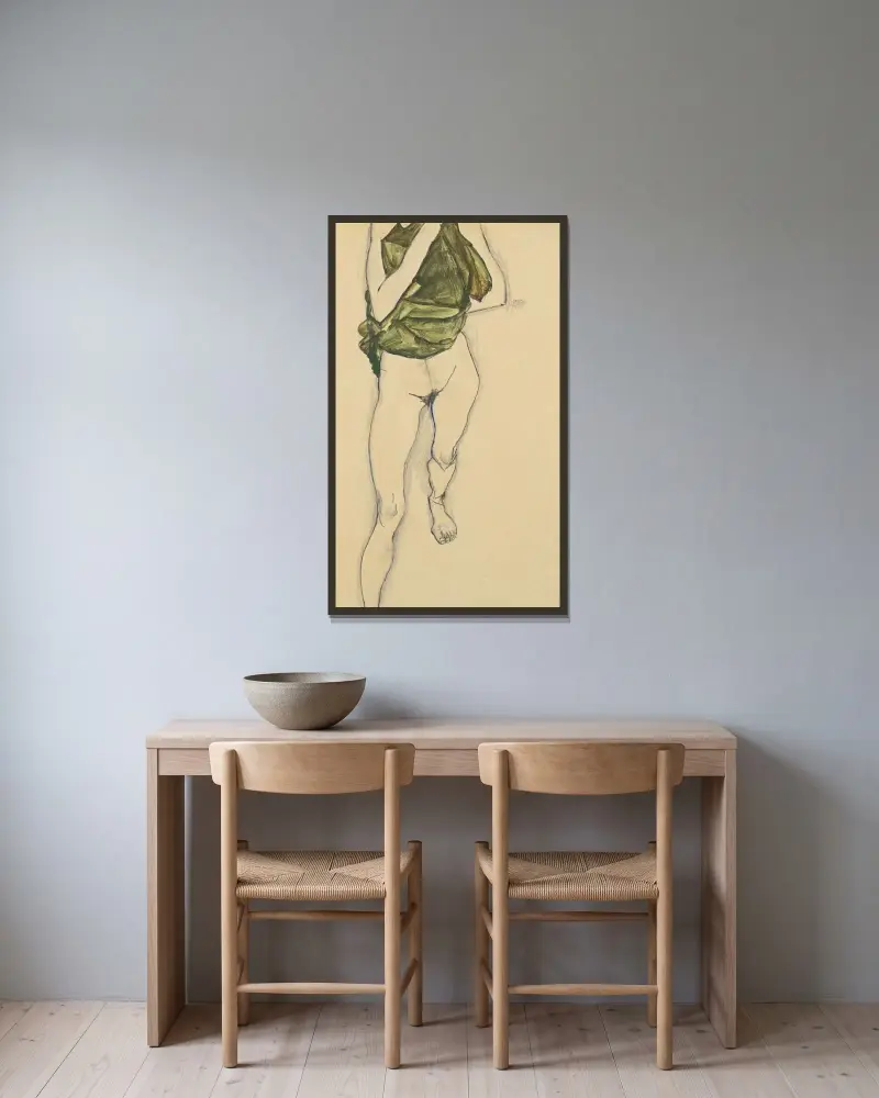 Schreitender Torso in Grünem Hemd (Striding Torso in Green Blouse) av Egon Schiele inramad på en vägg