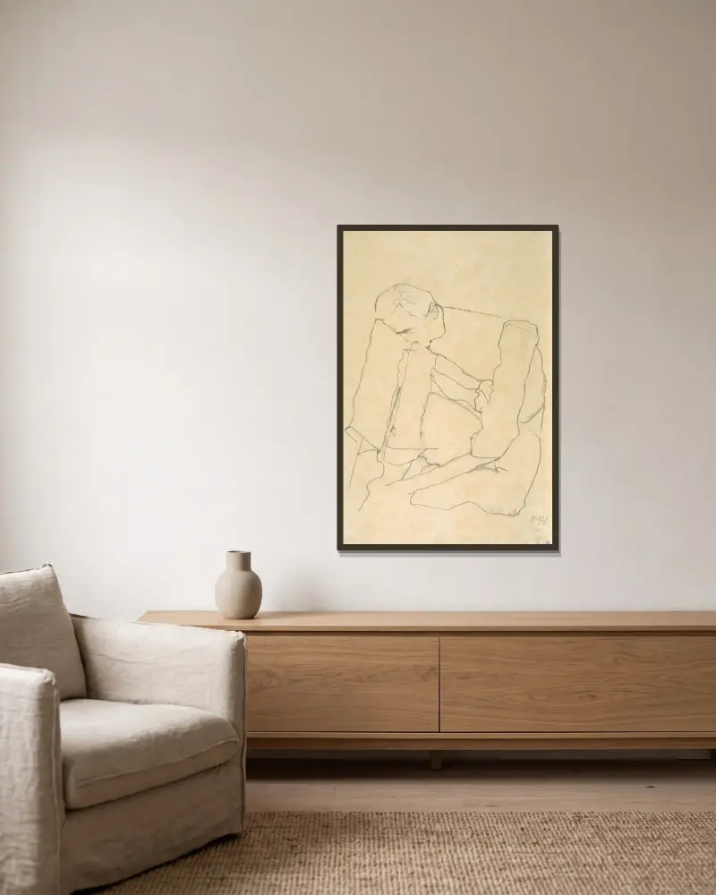 Seated Man av Egon Schiele inramad på en vägg