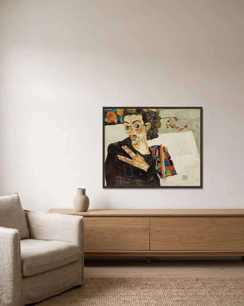 Selbstbildnis av Egon Schiele inramad på en vägg